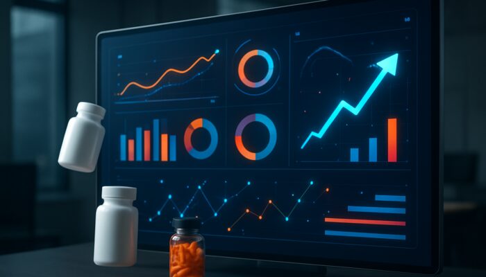 Digital dashboard displaying metrics related to supplement ad performance with vibrant graphs and vitamin icons