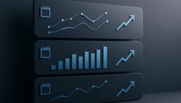 Sleek digital dashboard illustrating layered weekly, monthly, and quarterly supplement ad performance graphs with trend arrows.