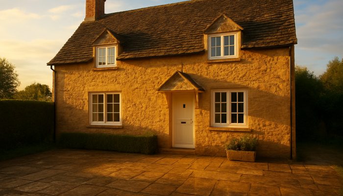 Radiant Nether Compton cottage basking in sunlight with sparkling windows and fresh linens after a thorough cleaning.