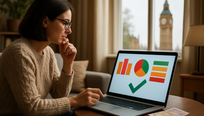 UK consumers comparing insurance quotes on a laptop with Big Ben and pound symbols