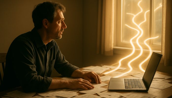Sole trader at cluttered desk with bills, gazing at glowing debt relief options in hopeful light.