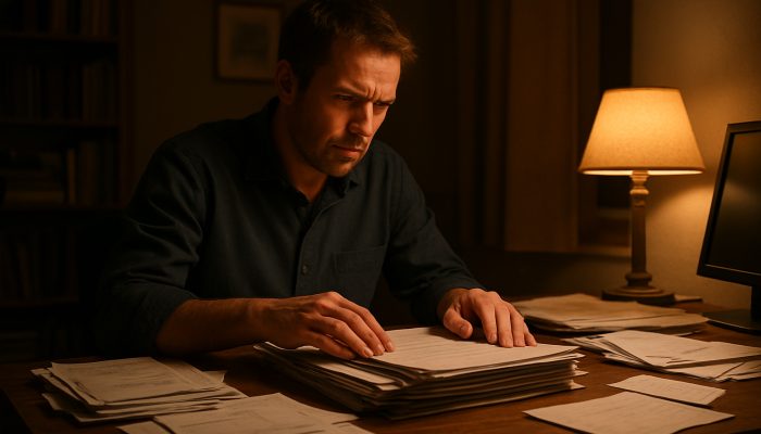 Sole trader sorting tax returns and bank statements at cluttered UK home office desk.