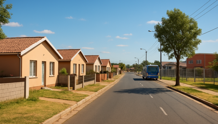 Vibrant suburban street in Springs, South Africa, featuring modest entry-level homes conveniently located near schools and shopping centres.
