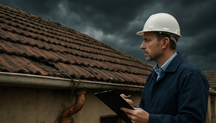 Professional inspector evaluating a cracked roof and exposed wires on an older South African home in Springs beneath a stormy sky.