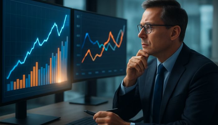 Financial expert analysing glowing Bank of England interest rate and mortgage charts in office