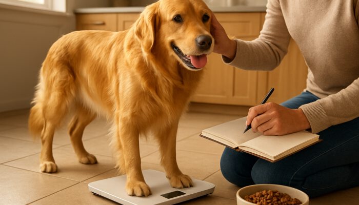 Owner weighing an active golden retriever on a scale while checking its coat in a sunlit kitchen