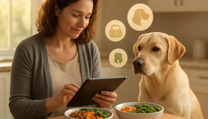 Owner reviewing Labrador's health data on a tablet alongside tailored nutrition bowls in the kitchen