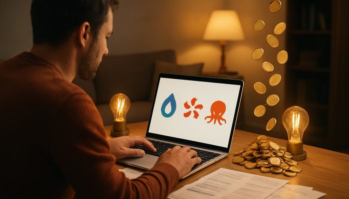 Cutting Costs to Free Money for Repayments: Proven Methods | DCL UK homeowner comparing British Gas, EDF and Octopus energy tariffs on laptop with savings coins