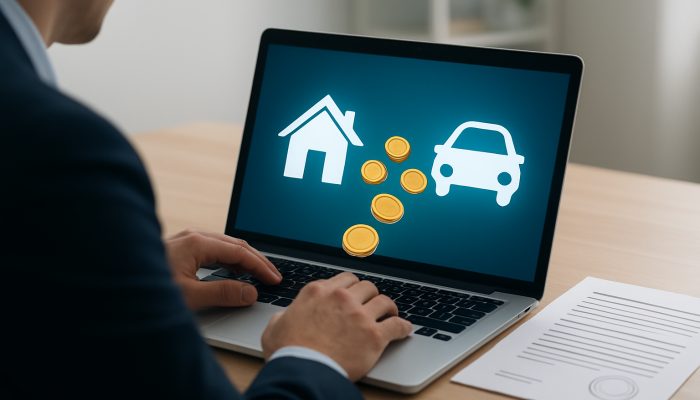 UK professional compares home and car insurance quotes on laptop, coins flowing to loan documents