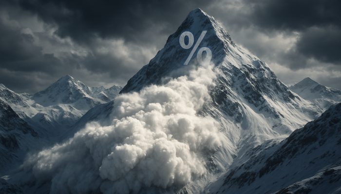Cinematic avalanche crashing down debt mountains, targeting highest interest rate peak first.