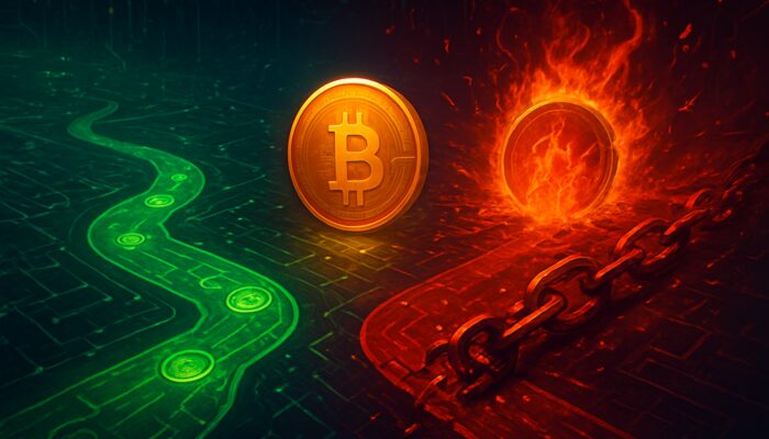 Cyberpunk crypto coins on digital ledger showing green transfers from red taxable sales and trades.