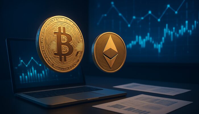 Digital workspace showcasing floating Bitcoin, Ethereum coins, tax forms, and glowing blockchain charts for crypto tax reporting.