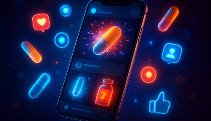 Futuristic neon smartphone displaying X feed with dynamic supplement advertisements and glowing capsules