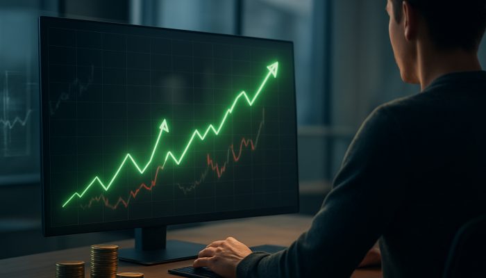 Individual examining glowing upward credit score graph with green arrows in a modern office
