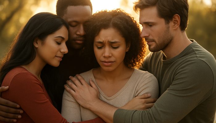 Choosing Support Instead of Hiding Problems: Practical Guide | DCL Diverse friends embrace in a sunlit circle, one sharing vulnerably while others listen with empathy.