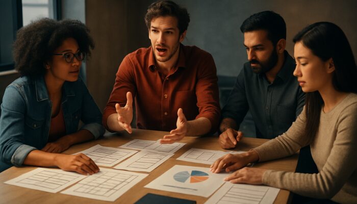 A diverse creative team planning a brand video with storyboards and budget charts under cinematic lighting.