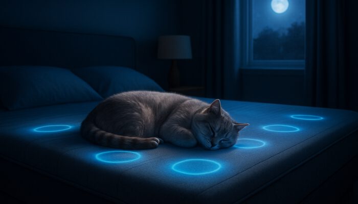 Calm pet asleep on a stylish smart bed with glowing sensors in a softly lit bedroom