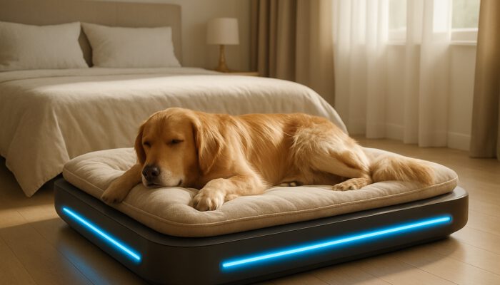 Golden retriever lounging on a stylish temperature-controlled pet bed with cooling panels in a modern bedroom