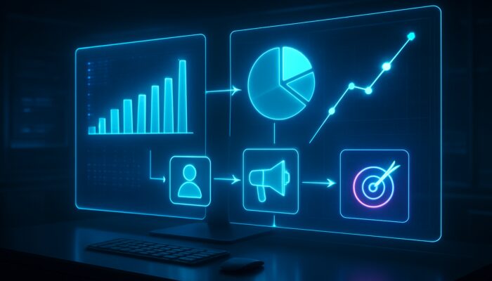 Futuristic neon holographic dashboard tracking social media reach, impressions, and conversion metrics.