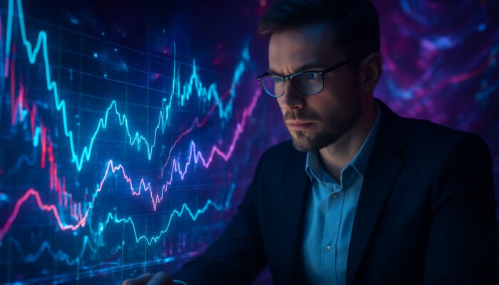 Trader analysing luminous holographic NVI and RSI charts against a backdrop of vibrant market volatility.