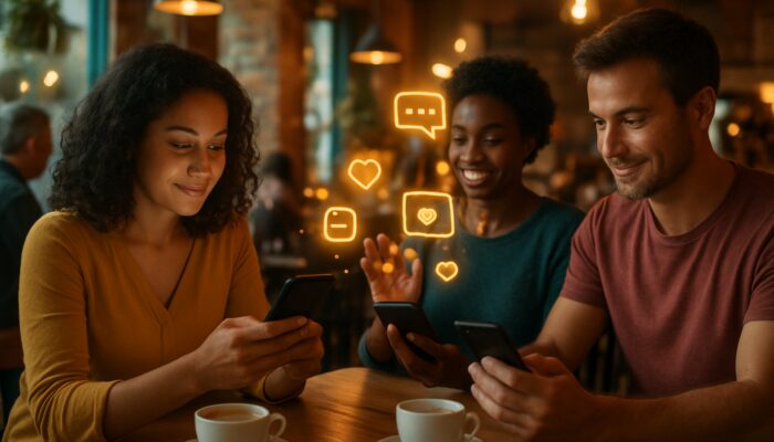 Bournemouth café patrons enjoying Instagram Stories specials next to a charity Facebook Live stream with glowing icons.