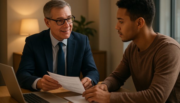 UK financial advisor assisting gig worker with debt consolidation documents in a contemporary office