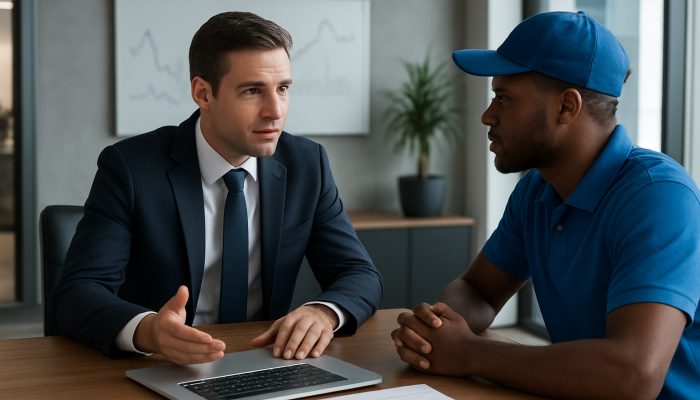 British financial advisor analyses gig earnings charts with delivery driver in a modern office for debt consolidation advice