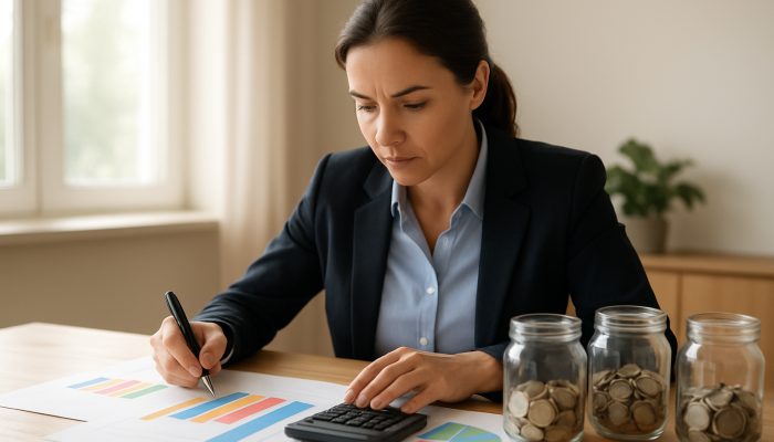 Talking to Your Bank Before Any Big Changes: Essential Tips | DCL Professional reviewing colourful financial charts and savings jars at a sunlit desk with a calculator