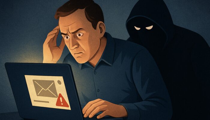 User recognising a fake sender in a phishing email on a laptop, with a cybercriminal lurking behind