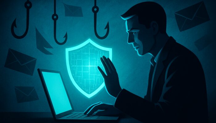Professional deflecting phishing emails with a digital shield on a glowing laptop for cybersecurity awareness