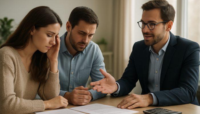 Financial advisor reassuring concerned couple reviewing debt papers in a peaceful modern office