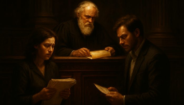Judge examines glowing scrolls as couple holds mortgage documents in ornate courtroom.