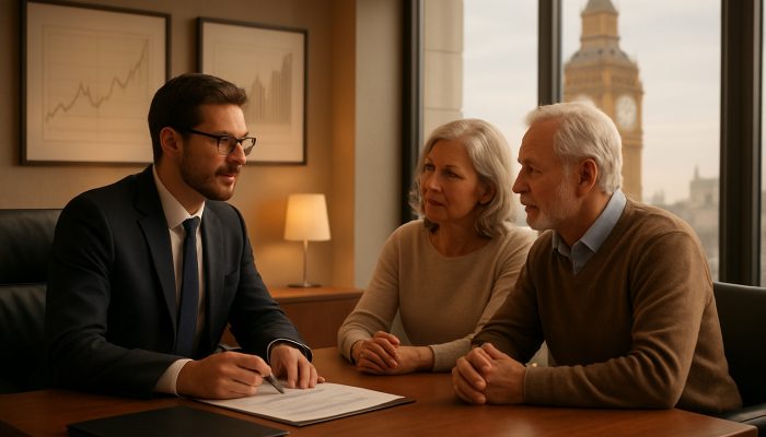 UK financial adviser discussing retirement portfolios with couple in an office overlooking Big Ben