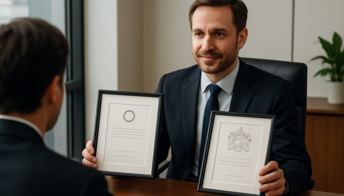 UK financial adviser displaying FCA credentials and Chartered Planner certificate to a client in a modern office
