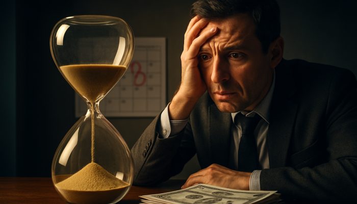 Anxious taxpayer observes HMRC refund checks spilling from an hourglass beside a red deadline calendar.