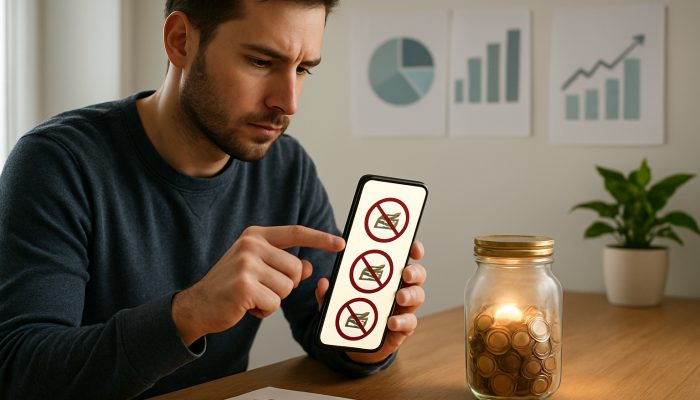 Focused individual configuring mobile app to block retail sites near a glowing savings jar and debt charts