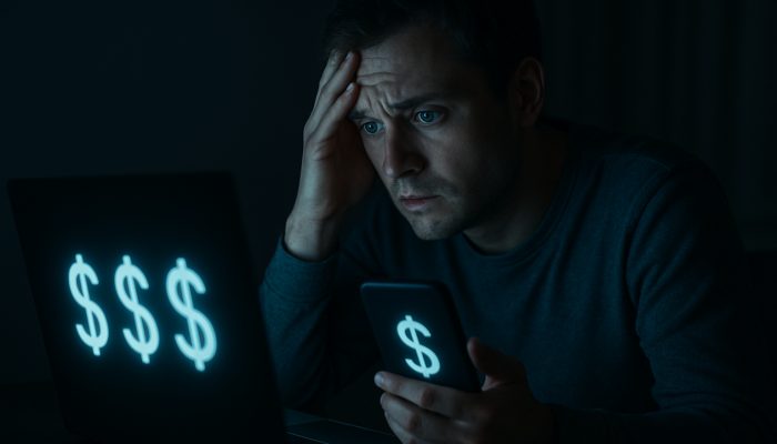 Worried person checking zero bank balances on laptop and phone in dark room