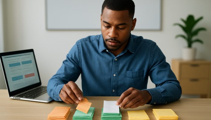 Person sorting colourful receipts into groceries, travel, and entertainment piles beside laptop showing Barclays and HSBC alerts.